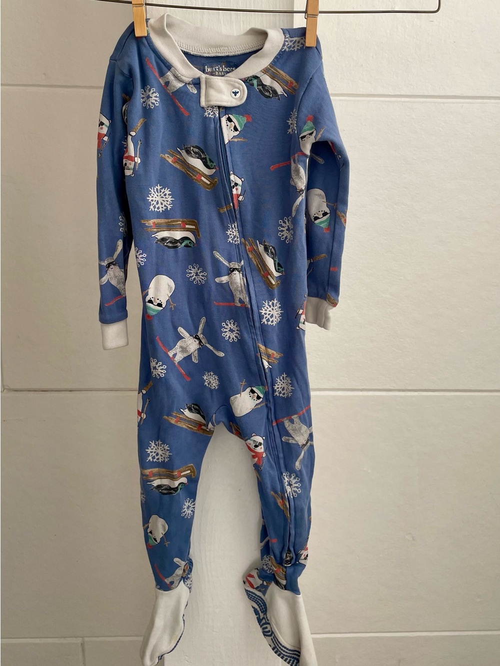 Burtās Bees Blue Penguin Ski Print Kids One-Piece Pajamas